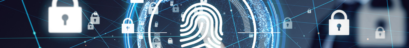 Imagen - Ilustración digital donde se puede ver una huella digital en vectores graficas y un dedo de una persona, al rededor varios iconos que representan seguridad digital